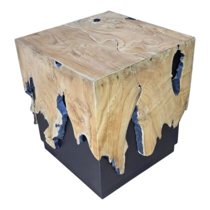 a handcrafted solid wood side table featuring natural live edges and resin detailing.